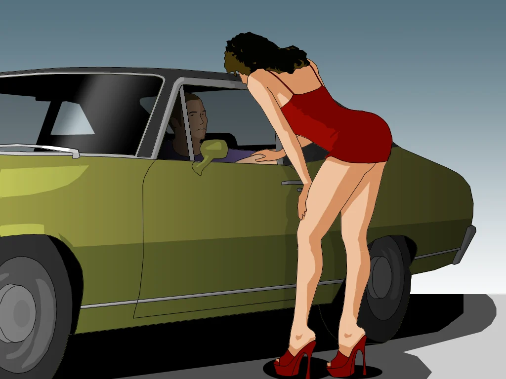 A woman in a red dress leans into a car, engaging with the driver in a street setting.